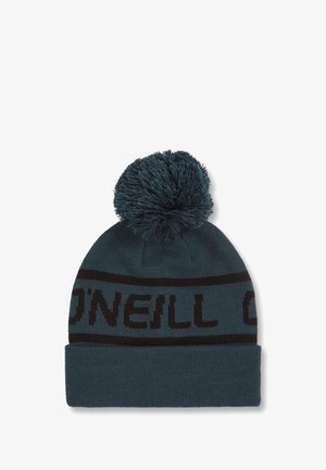 Donkerblauwe gebreide beanie met een dikke zwarte omslag, voorzien van een grote pompon bovenop en een O'Neill-logo in contrasterende kleuren.