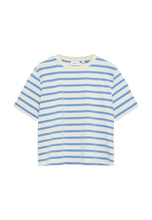 Koszula z krótkim rękawem w białym kolorze z jasnoniebieskimi poziomymi paskami, okrągły dekolt i lekko krótszy krój.