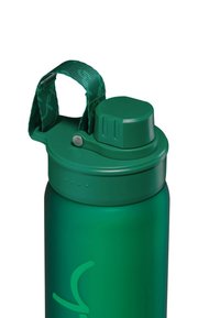 Grüne Metallwasserflasche mit Schraubverschluss, einem kleinen silbernen Akzent und einem Stoffschlaufenhandgriff. Glatte, matte Oberfläche, zylindrische Form.