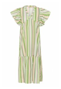 Sukienka w paski z zielonymi, różowymi i białymi pionowymi paskami, dekoltem w serek, falbaniastymi rękawami i warstwowym dołem. Wykonana z lekkiego materiału.