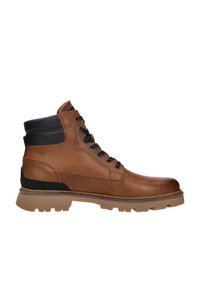 Brown leather ankle boots with a black accent panel, black laces, and a rugged tan sole. Features a smooth texture and mid-high design.