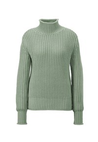 Pull à col roulé vert clair fabriqué en tissu tricoté texturé. Comprend des poignets et un ourlet côtelés, avec une coupe décontractée et des manches longues.