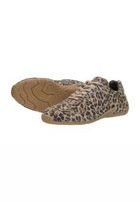 Leopard-print sneakers made of soft material, featuring a flexible sole, round toe, and light brown accents with textured pattern on the sole.