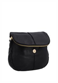 Black leather handbag with a fold-over flap, gold zipper closure, and a central gold button on a plain white background.