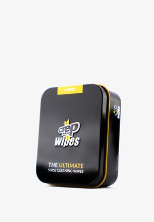 Scatola rettangolare nera di latta di salviette per la pulizia delle scarpe Crep Protect con dettagli gialli, contenente sei salviette per la pulizia delle scarpe.