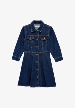 Jeanskleid, dunkelblau, lange Ärmel, Kragen. Mit Brusttaschen und durchgehender Knopfleiste mit Metallknöpfen. A-Linien-Form, mittellang.