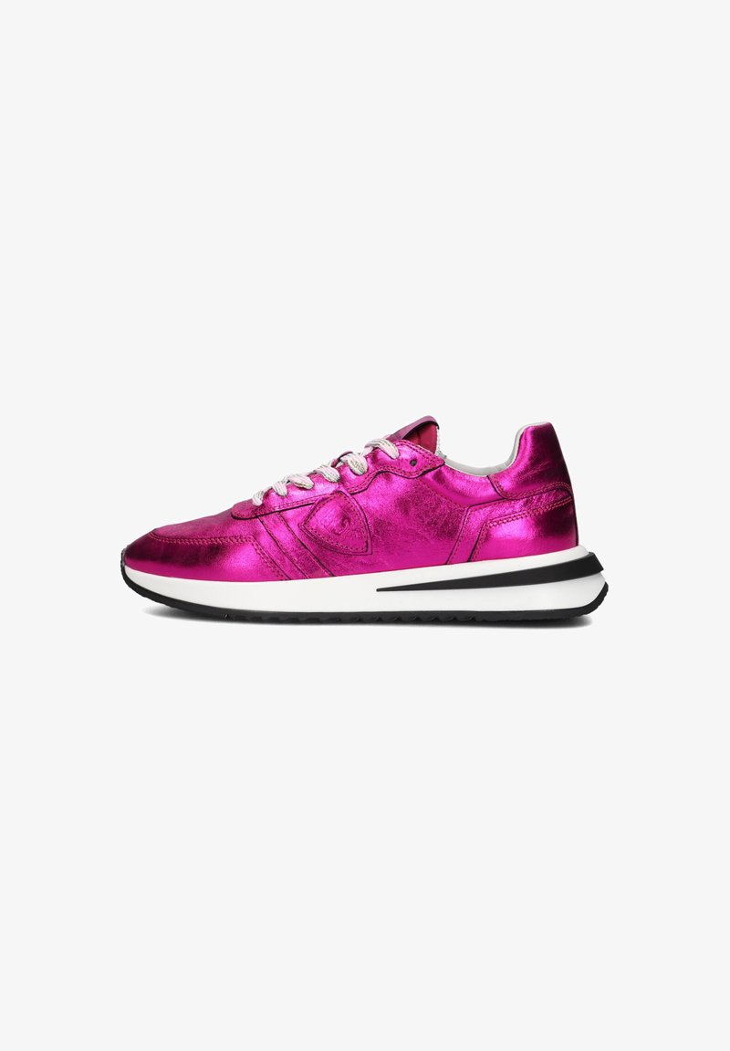 Pink metallic sneakers with a smooth texture, white laces, and a black rubber sole. Features a sleek design with subtle logo detail.