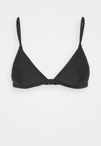 Top de biquíni preto com um design triangular, alças ajustáveis e fecho de fecho. Textura suave e sem padrões ou acentos visíveis.