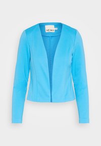 Blå figursydd jacka i mjukt tyg, med långa ärmar, v-ringning och central dragkedja. Etiketten säger "ICHI."