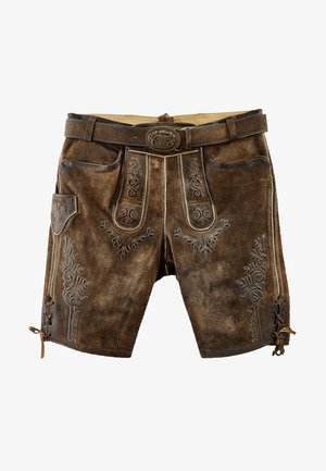 Braune Ledershorts mit filigraner weißer Stickerei, mehreren Taschen, einem Gürtel und Schnürdetails an den Seiten. Strukturierte Oberfläche.