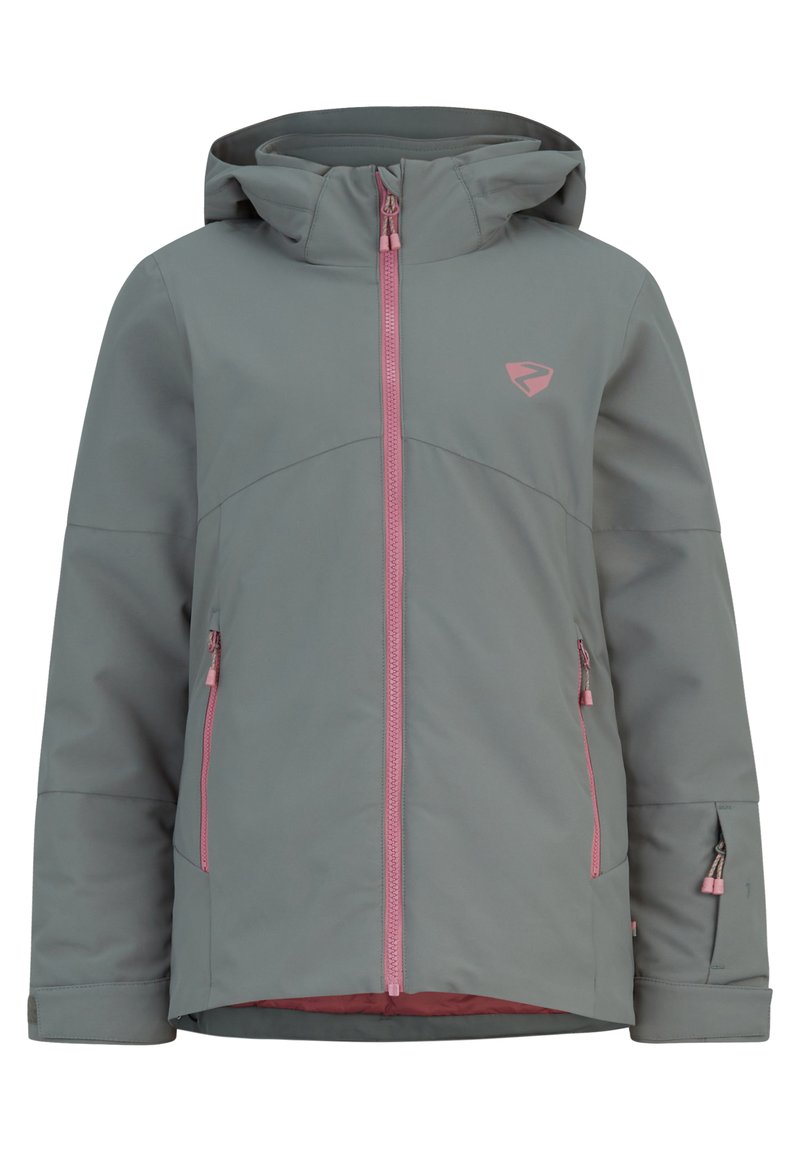 Grau Outdoor-Jacke mit Kapuze, ausgestattet mit einem pinken Reißverschluss und Akzenten. Sie hat zwei Seitentaschen und eine glatte, wasserabweisende Textur.
