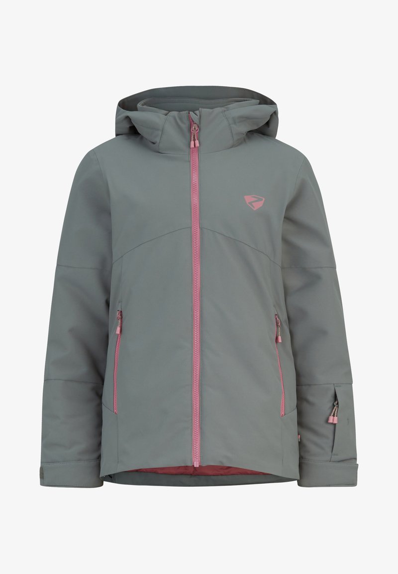 Grau Outdoor-Jacke mit Kapuze, ausgestattet mit einem pinken Reißverschluss und Akzenten. Sie hat zwei Seitentaschen und eine glatte, wasserabweisende Textur.