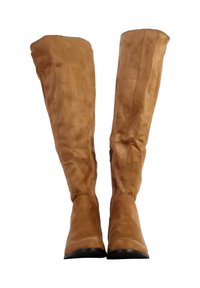 Knæhøje brune ruskindsstøvler med en glat tekstur, spids tå og en sort gummisål, der har en sidelukning for nem påtagning.