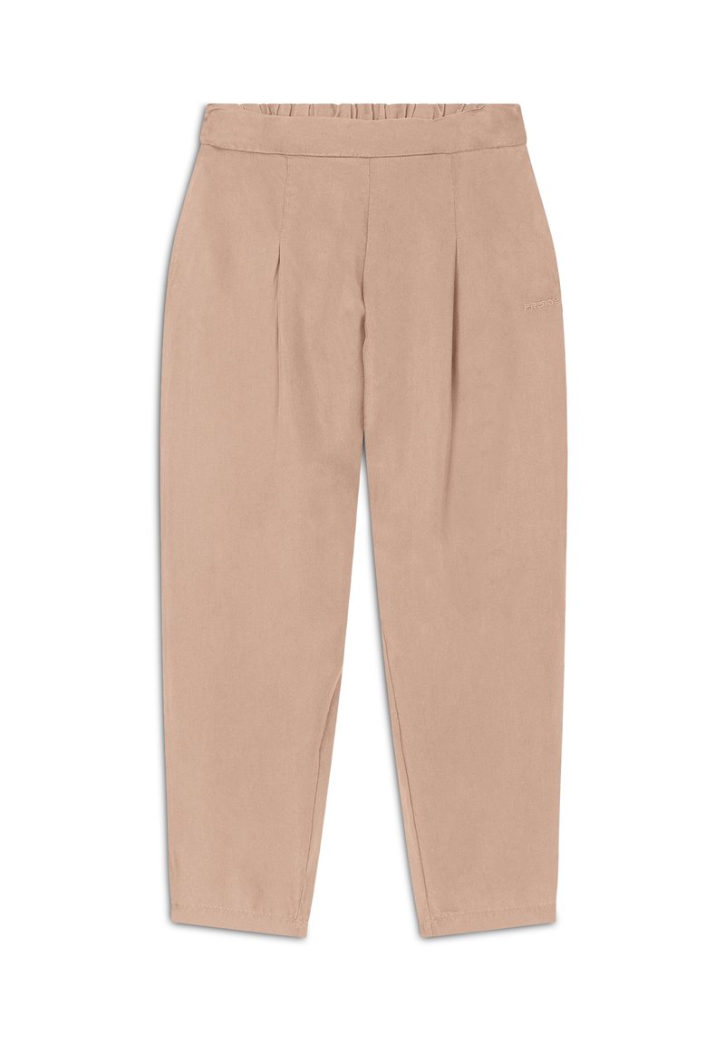 Pantalones beige con un corte relajado, que presentan una cinturilla fruncida, un frente con pliegues y piernas ajustadas. Textura suave sin patrones visibles.