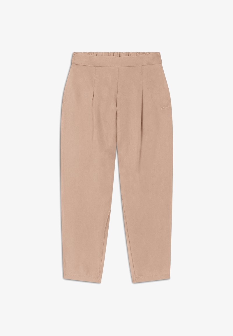 Pantalones beige con un corte relajado, que presentan una cinturilla fruncida, un frente con pliegues y piernas ajustadas. Textura suave sin patrones visibles.