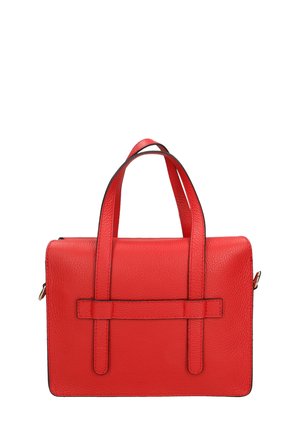 Borsa a tracolla in pelle rossa con texture, dotata di due manici superiori e forma rettangolare. Presenta dettagli neri lungo i bordi e le cuciture.
