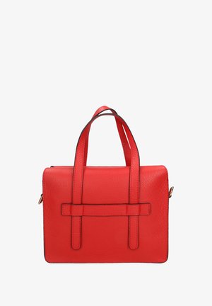 Rode leren handtas met textuur, twee bovenhandvatten en een rechthoekige vorm. Voorzien van zwarte accenten langs de randen en naden.