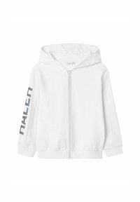 Witte zip-up hoodie met een capuchon, ribbelmanchetten en een effen voorkant. Één mouw heeft zwarte verticale tekst en grafische patronen.