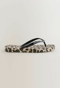 Leopardimustriga varbavahed, millel on tekstuuriga beež põhi ja mustad traksid; kaubamärgi logo "ALLSAINTS" traksil valge kirjaga.