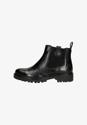 Schwarze Leder Chelsea-Boots mit elastischen seitlichen Einsätzen, einer Zuglasche, strukturierten Oberflächen und einer robusten Sohle mit Traktionsmustern.