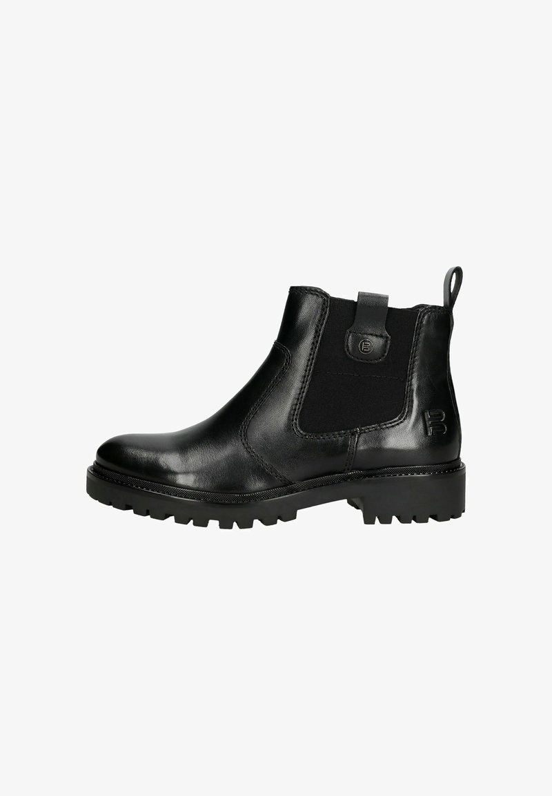 Black leather Chelsea boot featuring elastic side panels, a pull tab, textured surface, and a rugged sole with traction patterns.