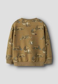Bruine sweatshirt met een herhaald patroon van cartoonhonden. Ronde halslijn, ribgebreide manchetten en zoom. Comfortabele stof met een zachte textuur.