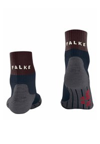 Skarpety w kolorze granatowym i szarym z prążkowanym bordo mankietem. Charakteryzują się kontrastowymi kolorami, detalem logo oraz wzmocnioną piętą i palcami dla większej trwałości.