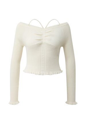 Elfenbeinfarbener, gerippter Langarm-Crop-Top mit gerafftem Mittelteil vorne, schulterfreiem Ausschnitt und zarten Rüschensäumen an Ärmeln und Saum.