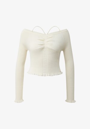 Elfenbeinfarbener, gerippter Langarm-Crop-Top mit gerafftem Mittelteil vorne, schulterfreiem Ausschnitt und zarten Rüschensäumen an Ärmeln und Saum.