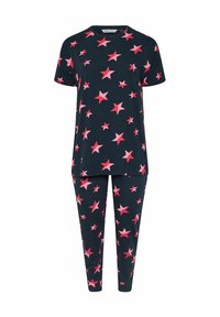 Completo pigiama a due pezzi con un tessuto nero a motivi di stelle rosa. La parte superiore ha maniche corte e una vestibilità ampia, mentre i pantaloni sono a taglio slim.
