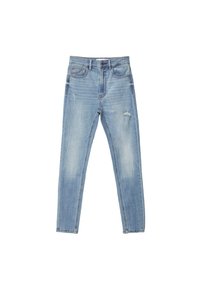 Light blue denim jeans with a slim fit, featuring subtle distressing, classic five-pocket design, and a zip fly with a button closure.