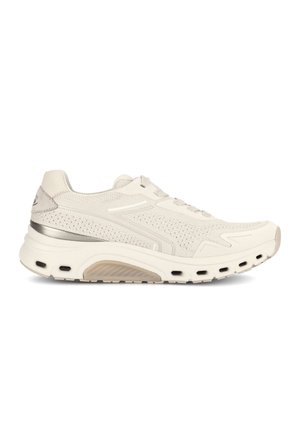 Beiger leichter Laufschuh mit Mesh-Obermaterial, Schnürdesign, gepolsterter Sohle und Belüftungslöchern entlang der Zwischensohle.