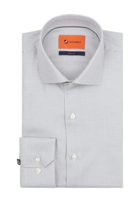 Grijs geblokt overhemd, slim fit, van een katoenmix, met een kraag en knoopsluiting; heeft een zak en een merklabel aan de binnenkant van de kraag.