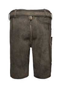 Braune Leder-Shorts mit einer strukturierten Oberfläche, einem Bund mit Schlaufen, einer Seitentasche und kontrastierenden Nähten.