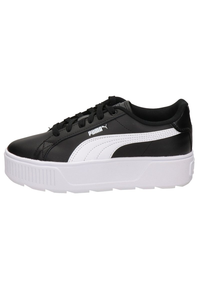 Baskets synthétiques noires avec accents blancs, bout arrondi, semelle plate à plateforme et design à lacets. Logo PUMA affiché sur le côté.