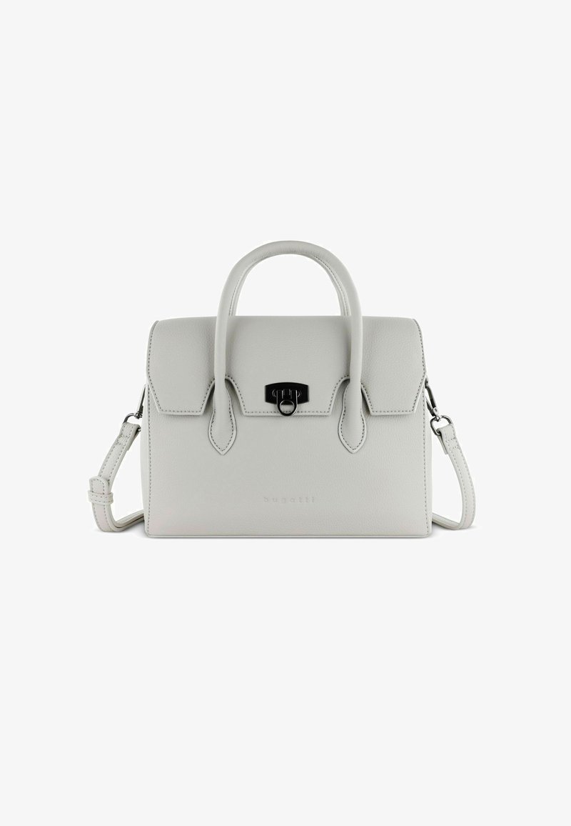 Bolso de mano de cuero gris claro con una forma estructurada, doble asa superior, correa para el hombro extraíble y un detalle de cierre negro.