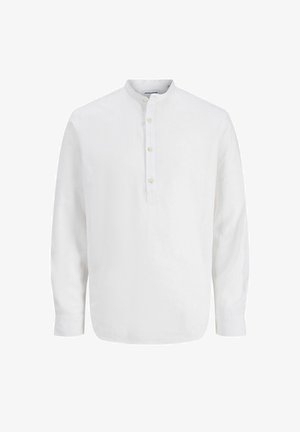 Hvit langermet skjorte med mandarin-krage og fire knapper på frontplaten, uten synlige mønstre eller logoer.