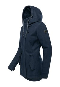Veste d'hiver pour femmes, à capuche, de couleur bleu marine, avec poches avant, fermeture éclair, cordons de serrage réglables et un écusson logo sur la manche gauche.