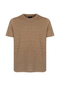 Brown short-sleeve T-shirt made from textured fabric with a crew neck and a relaxed fit. Simple and solid color with no patterns or accents.