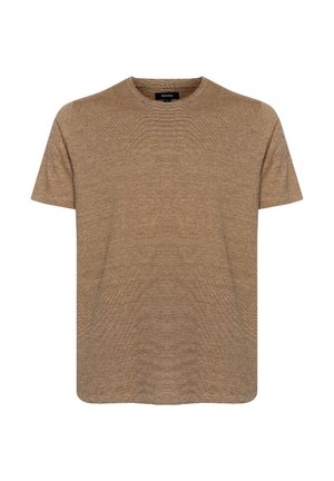 Rjav kratkosleeven majica iz teksturirane tkanine z okroglim izrezom in sproščenim krojem. Preprosta in enobarvna, brez vzorcev ali dodatkov.