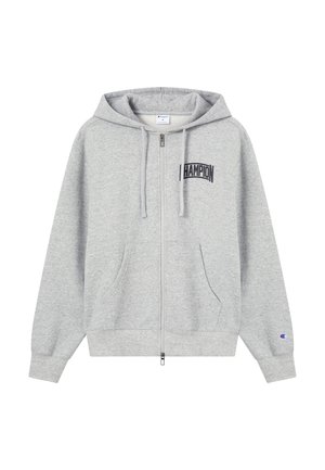 Hellgrauer Reißverschluss-Hoodie aus weichem Stoff, mit einem schwarzen "HAMPION"-Logo auf der Brust, zwei Fronttaschen und Kapuze mit Kordelzug.