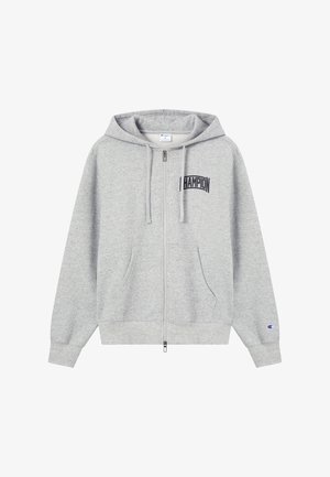 Felpa con cappuccio grigio chiaro con zip, realizzata in tessuto morbido, con logo nero "HAMPION" sul petto, due tasche anteriori e cappuccio con coulisse.