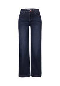 Granatowe dżinsy o szerokich nogawkach z wysokim stanem, pięcioma kieszeniami i guzikiem w miedzianym odcieniu. Gładka tekstura denimu, minimalne detale przeszyć.