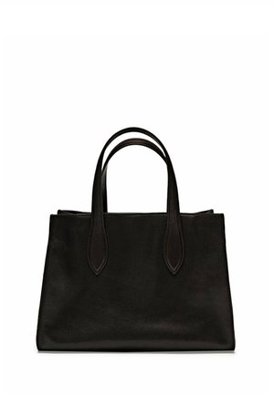 Schwarze Lederhandtasche mit zwei kurzen Griffen, rechteckiger Form, glatter Textur, minimalistischem Design und ohne sichtbare Beschläge oder Akzente.