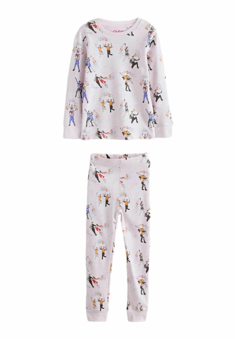 Šviesiai rožinė pižamos komplektas, sudarytas iš ilgomis rankovėmis palaidinės ir kelnių su žaismingu šokančių figūrų bei spalvingų akcentų raštu. Minkšta medžiaga.
