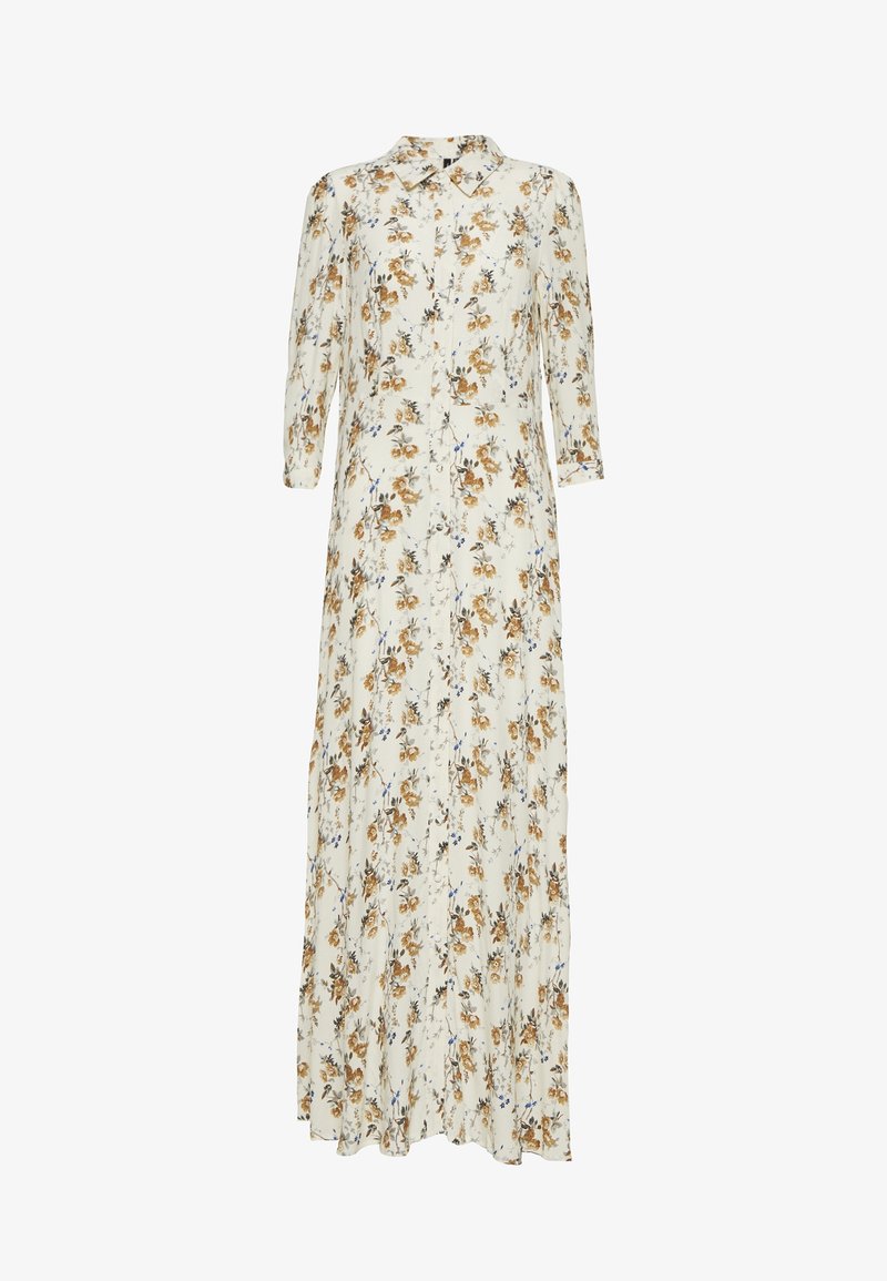 Robe longue blanche avec imprimé floral marron, manches longues, fermeture boutonnée devant et col classique.