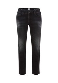 Jeans in denim nero con una vestibilità slim, dotati di chiusura con bottone, tasche frontali e un leggero effetto sbiadito. L'etichetta riporta "Heritage Denim."