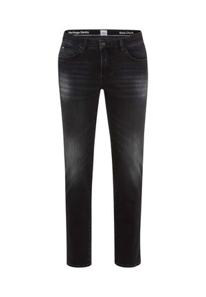 Jeans in denim nero con una vestibilità slim, dotati di chiusura con bottone, tasche frontali e un leggero effetto sbiadito. L'etichetta riporta "Heritage Denim."