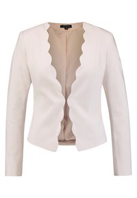 Blazer rose clair avec bords festonnés, manches longues et design à ouverture frontale. Confectionné en tissu lisse, sans boutons ni attaches visibles.