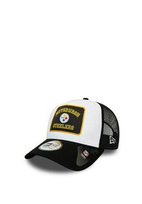 Pittsburgh Steelers cap with a white front, black bill, mesh back, and embroidered logo and text. Features a curved brim and adjustable fit.